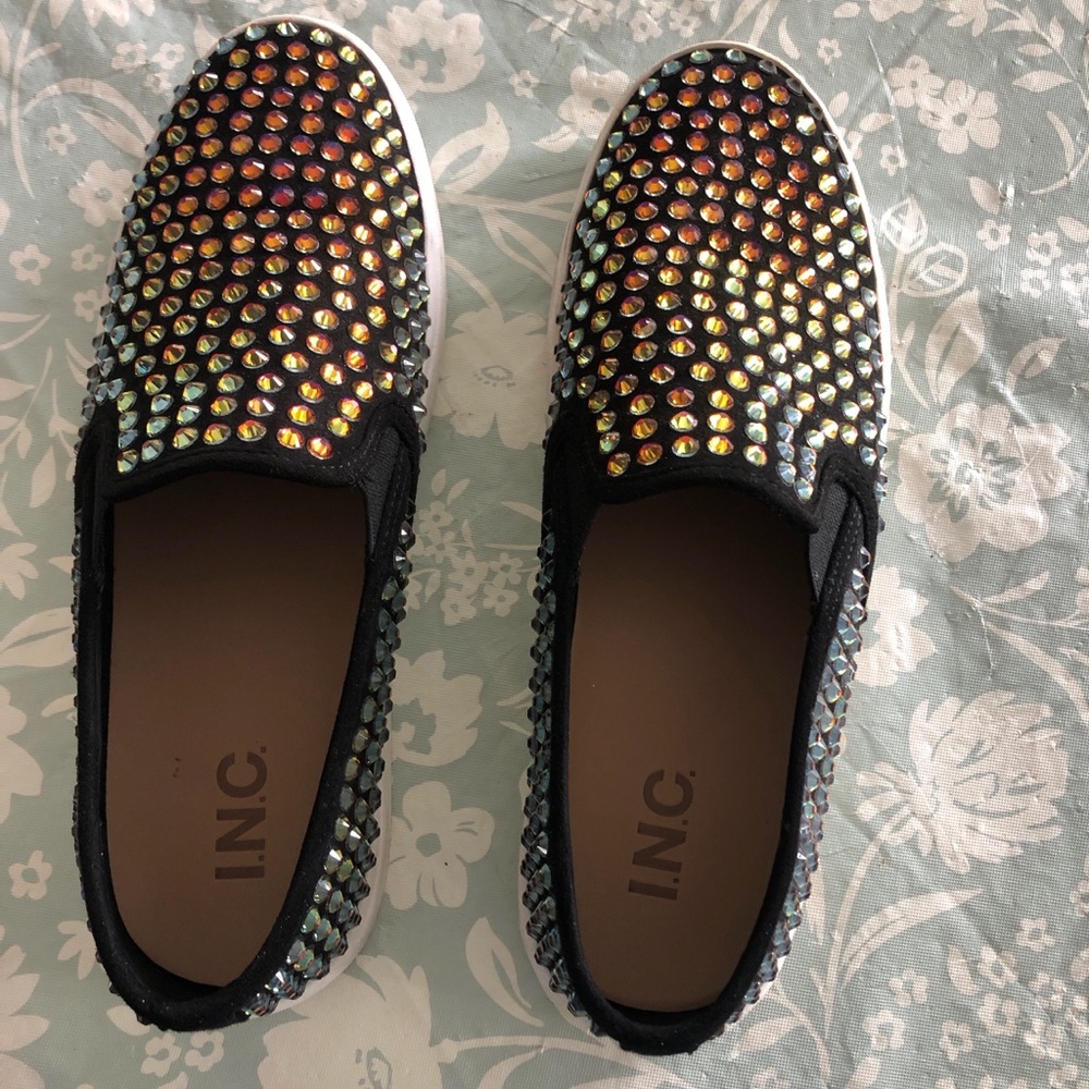 INC Black Slip-On Shoes with Multicolor Rhinestones